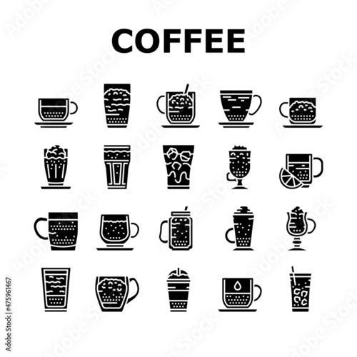 Coffee Types Energy Morning Drink Icons Set Vector. Espresso And Cappuccino, Macchiato And Latte, Americano And Chocolate Coffee Types. Caffeine Hot Beverage Glyph Pictograms Black Illustrations