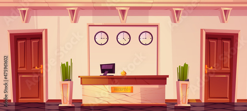 Hotel reception with computer and bell on marble desk, flower vases, clocks on wall. Modern Inn foyer, hall or lobby with wooden doors. Tourism, business trip concept. Cartoon vector illustration