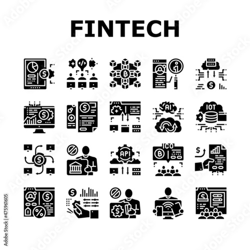 Fintech Financial Technology Icons Set Vector. Hackathon Fintech Development And Blockchain, Crowdfunding And Investment Finance Business. Digital Money Earning Glyph Pictograms Black Illustrations