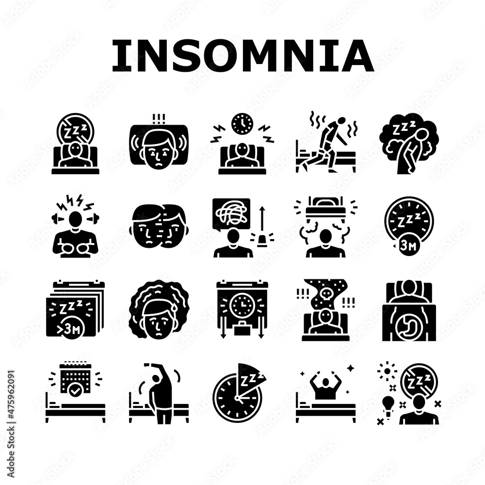 Insomnia Person Chronic Problem Icons Set Vector. Remaining Passively