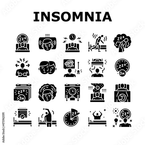 Insomnia Person Chronic Problem Icons Set Vector. Remaining Passively Awake And Difficulty Falling Asleep At Night, Insomnia Stimulus Control And Light Therapy Glyph Pictograms Black Illustrations