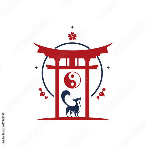 Japanese Torii gate with fox, yin yang, blossom flower, magatama. Symbol of Japan,  religion. Red wooden sacred tori arch. Ancient entrance, Eastern heritage, landmark. Oriental religious architecture