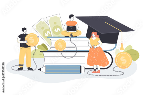 Tiny college or university students making loan to take degree. Male and female character near books paying money or tuition fee for school flat vector illustration. Economy, education, finance system