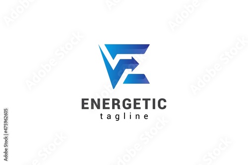 Letter E creative blue colour arrow direction technological logo 