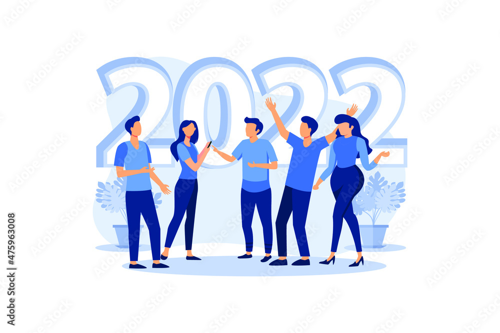 people are preparing for the new year, are engaged in decoration, corporate in the office. Inscription New Year 2022 on calendar. Friends celebrate Christmas together flat modern design illustration people are preparing for the new year, are engaged in decoration, corporate in the office. Inscription New Year 2022 on calendar. Friends celebrate Christmas together flat modern design illustration