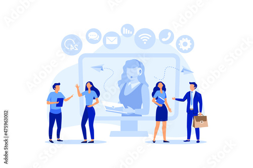 customer service, male hotline operator advises client, online global technical support 24-7 customer and operator vector flat modern design illustration