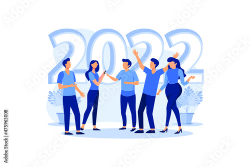 people are preparing for the new year, are engaged in decoration, corporate in the office. Inscription New Year 2022 on calendar. Friends celebrate Christmas together flat modern design illustration
