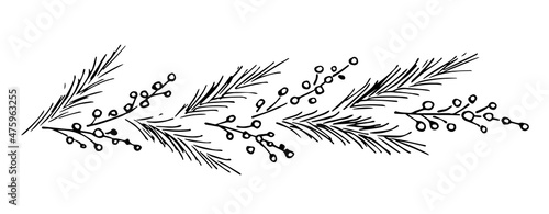 Fototapeta Naklejka Na Ścianę i Meble -  Simple hand-drawn vector drawing in black outline. Pine branch, holly berries, conifers. For New Year's, Christmas design. Long border, garland.