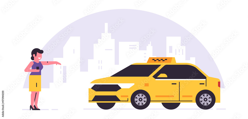 Naklejka premium Online taxi ordering service. A driver in a yellow taxi, a passenger, transportation of people. The girl is waiting for the car, city, cab. Vector illustration isolated on background.