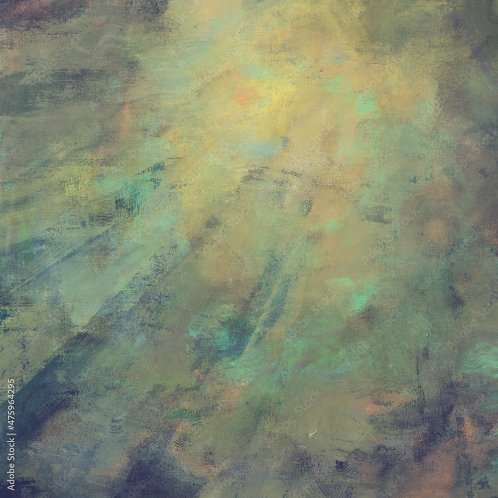 油絵抽象アート背景・正方形バナー）紺から黄色へのグラデーション　太陽や月のイメージ　降り注ぐ光