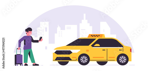 Online taxi ordering service. A driver in a yellow taxi, a passenger, transportation of people. Man with a suitcase, city, cab. Vector illustration isolated on background.