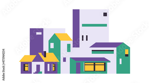 City landscape. A city with big houses and a shop. Vector illustration isolated on background.
