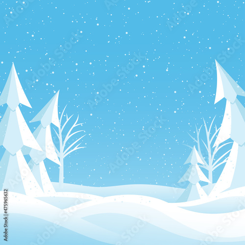 Winter landscape with snowy trees on the snow.