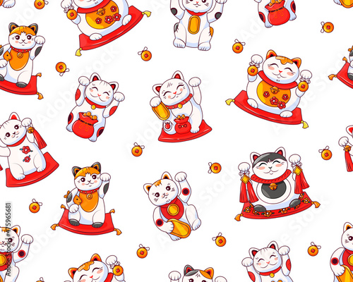 Different cute Japanese cats of good luck Maneki Neko. For printing on paper and fabric. Symbol wealth. Seamless vector pattern