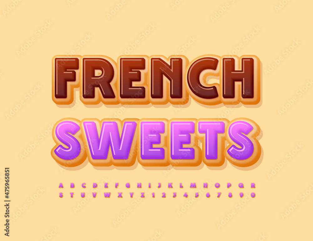 Vector delicious sign French Sweets with Elegant Donut Font. Tasty set of Alphabet Letters and Numbers