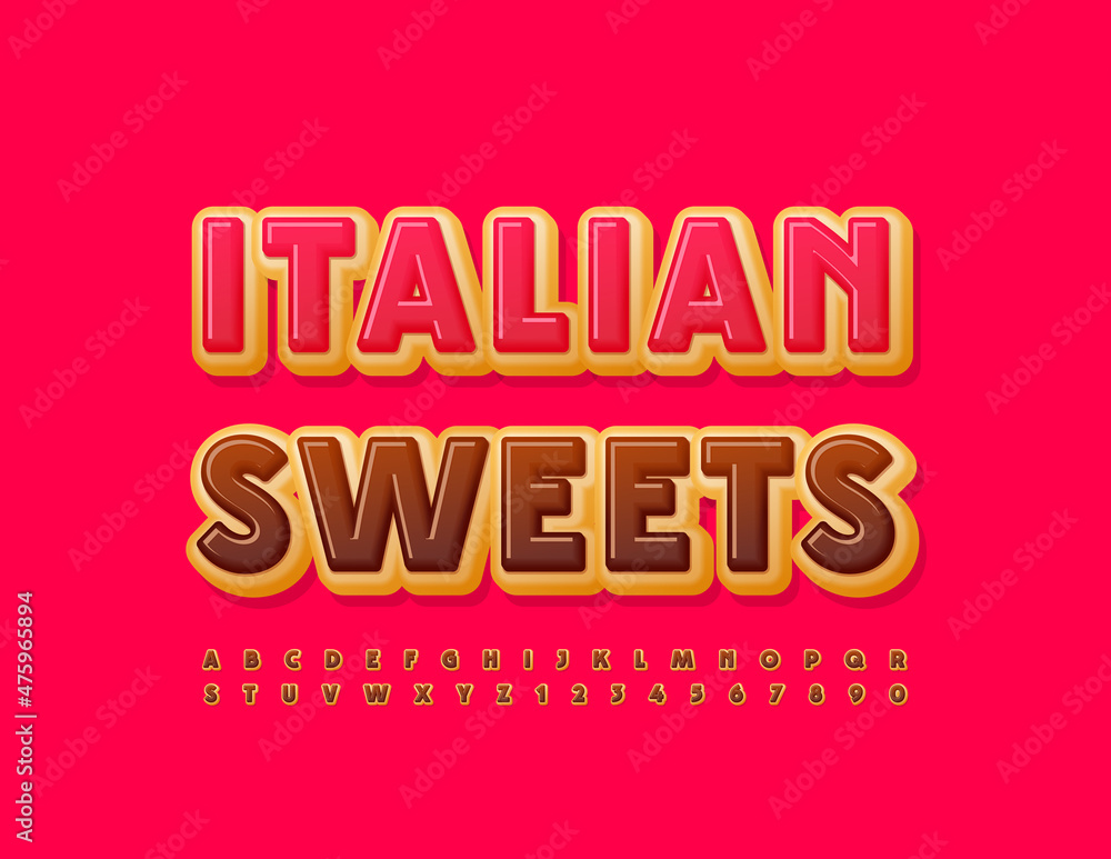 Vector sign Italian Sweets for Shop, Cafe, Bakery. Chocolate glazed Alphabet Letters and Numbers set. Elegant cake Font Vector sign Italian Sweets for Shop, Cafe, Bakery. Chocolate glazed Alphabet Letters and Numbers set. Elegant cake Font