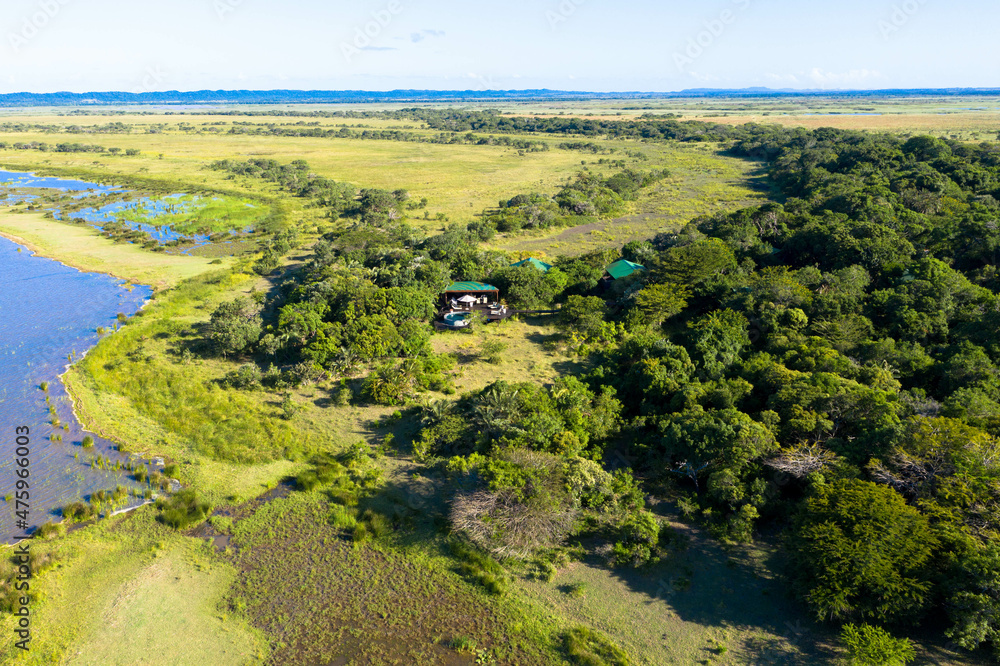 Aerial  view iSimangaliso Wetland Park, a protected area on the east coast of the South African province of KwaZulu-Natal. St. Lucia South Africa. Tourism and vacations concept.