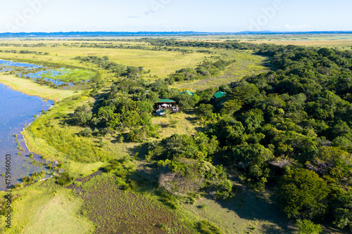Aerial view iSimangaliso Wetland Park, a protected area on the east coast of the South African province of KwaZulu-Natal. St. Lucia South Africa. Tourism and vacations concept.