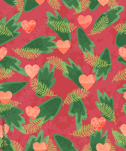 Vector colorful seamless pattern with illustration of leafs and hearts. Flyers, invitation, poster, brochure, banner. Happy Valentines Day photo