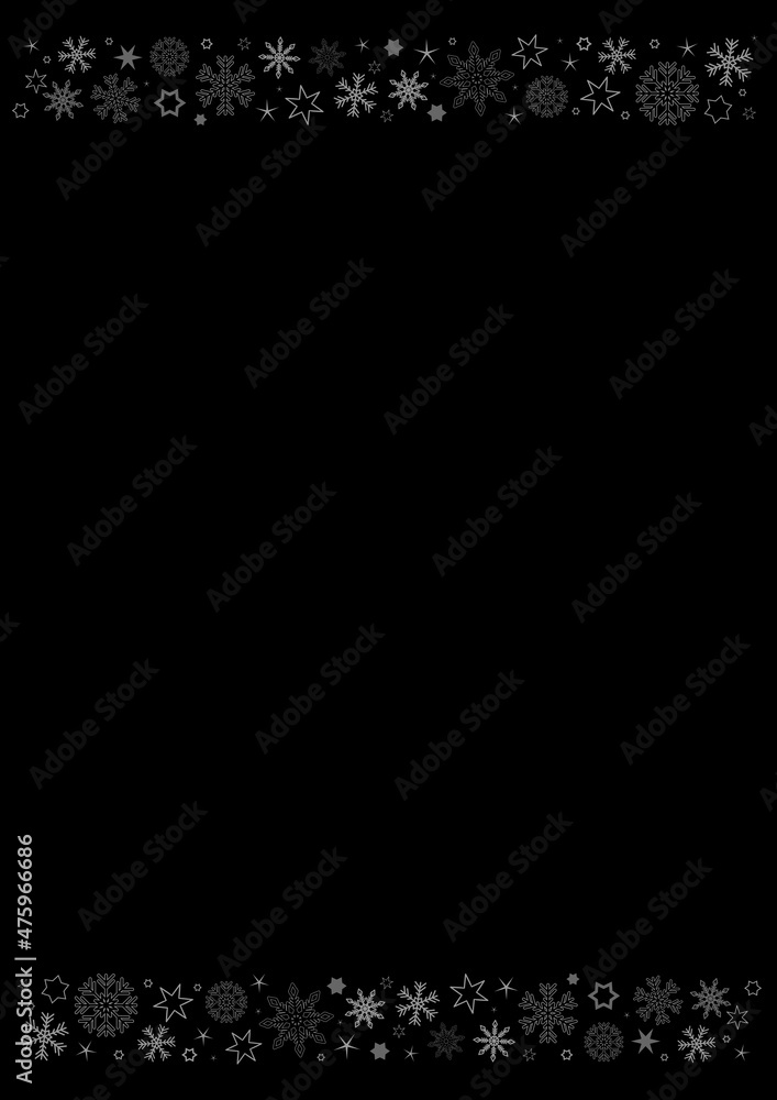 Vertical black paper background with gray winter snowflakes header and footer Vertical black paper background with gray winter snowflakes header and footer