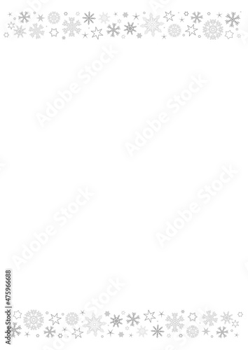 Vertical white paper background with gray winter snowflake header, footer