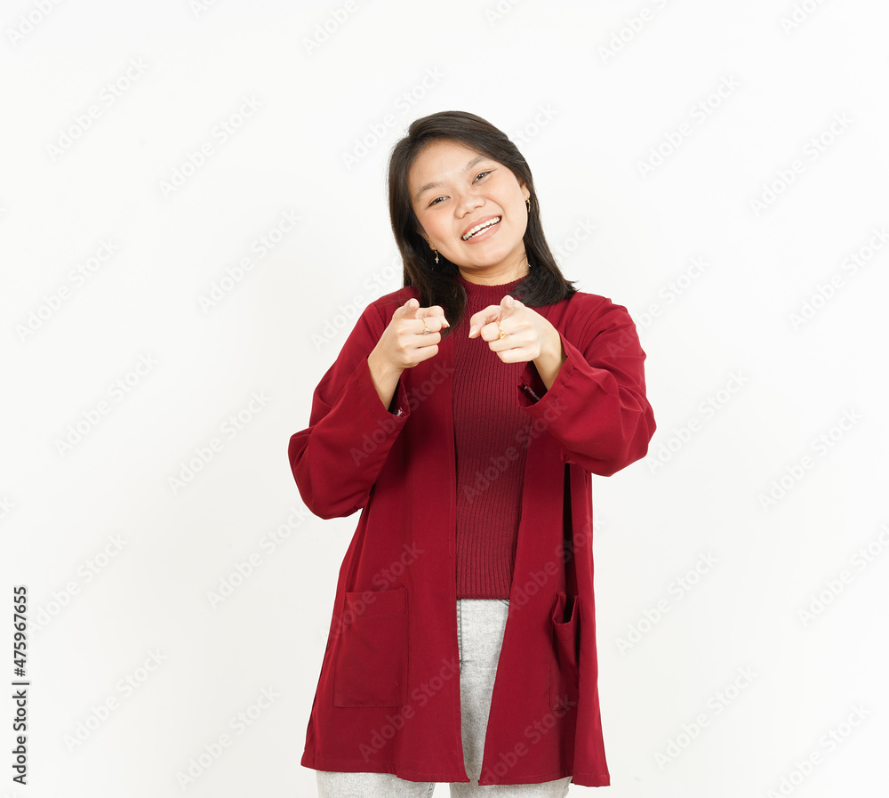 Pointing at You Of Beautiful Asian Woman Wearing Red Shirt Isolated On White Background Pointing at You Of Beautiful Asian Woman Wearing Red Shirt Isolated On White Background