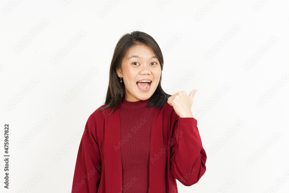 Pointing Product Aside Of Beautiful Asian Woman Wearing Red Shirt Isolated On White Background Pointing Product Aside Of Beautiful Asian Woman Wearing Red Shirt Isolated On White Background