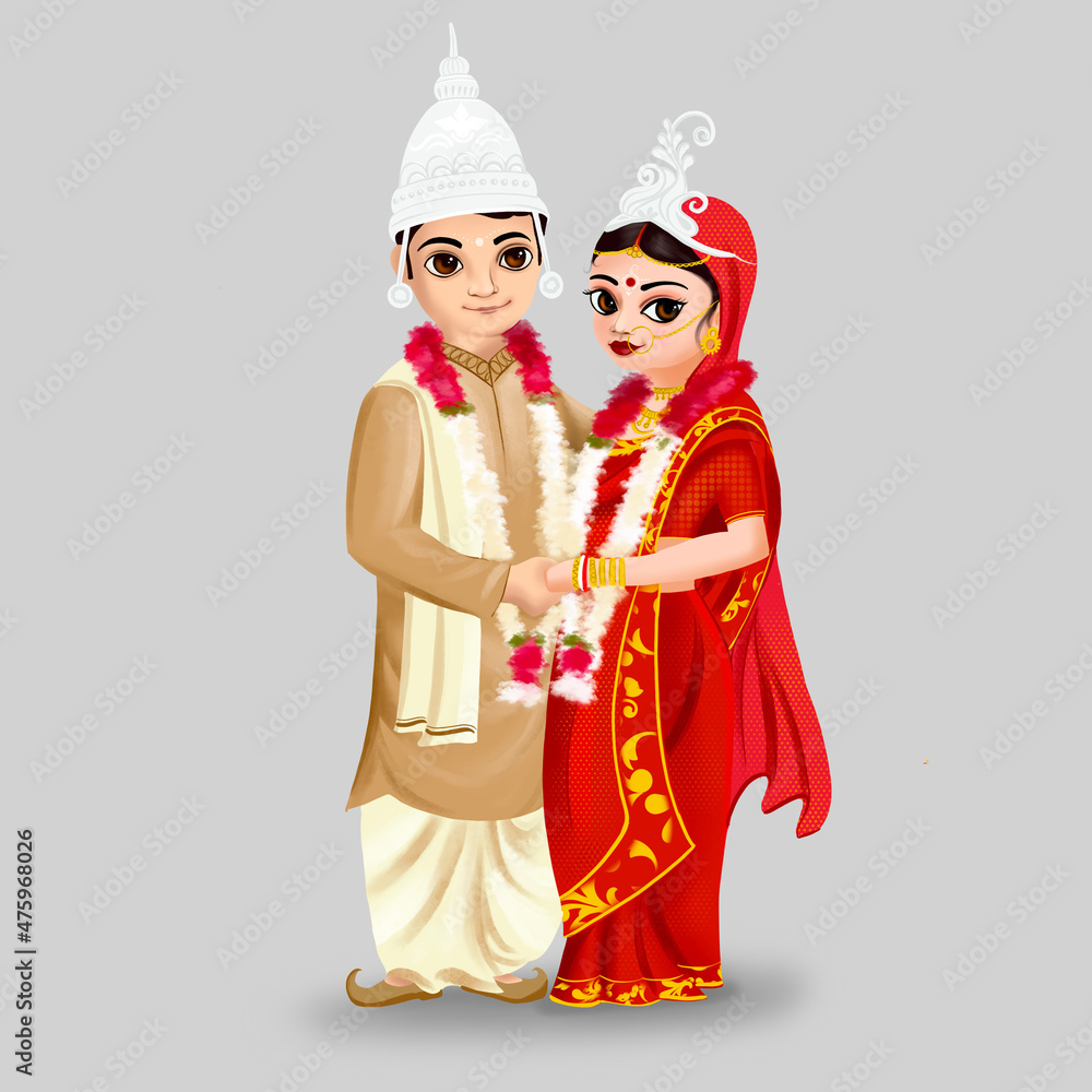 couple in costume for indian bengali wedding Stock Illustration | Adobe  Stock