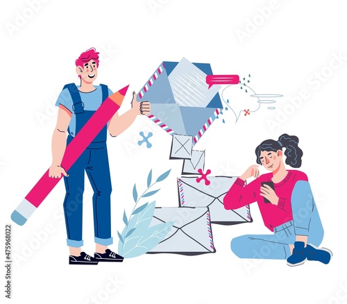 Mail service and correspondence delivery with people sending and receiving newsletters. News subscription and business correspondence for website or mobile app, flat vector isolated on white.