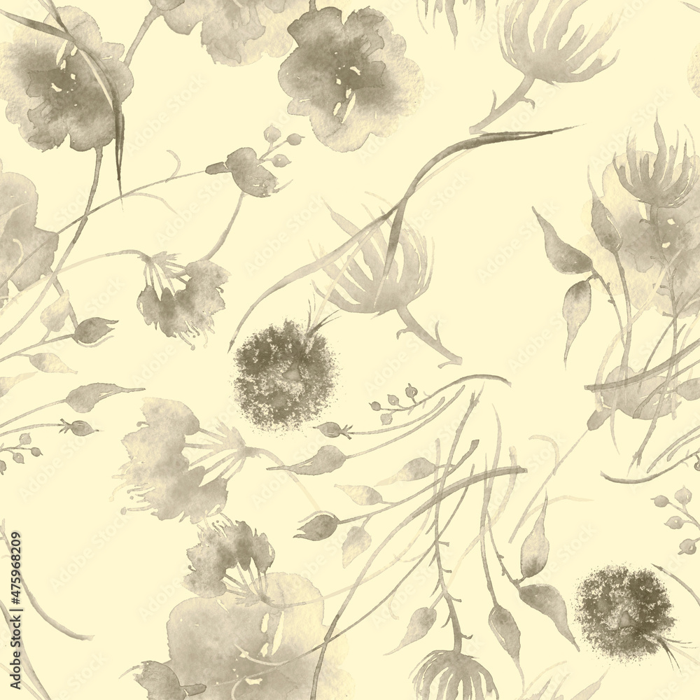 Dandelion flower. Art background Watercolor seamless pattern, background with a floral pattern. vintage drawings of plants, flowers,branch, berry. Wild plant, grass. A beautiful branch with rose hips