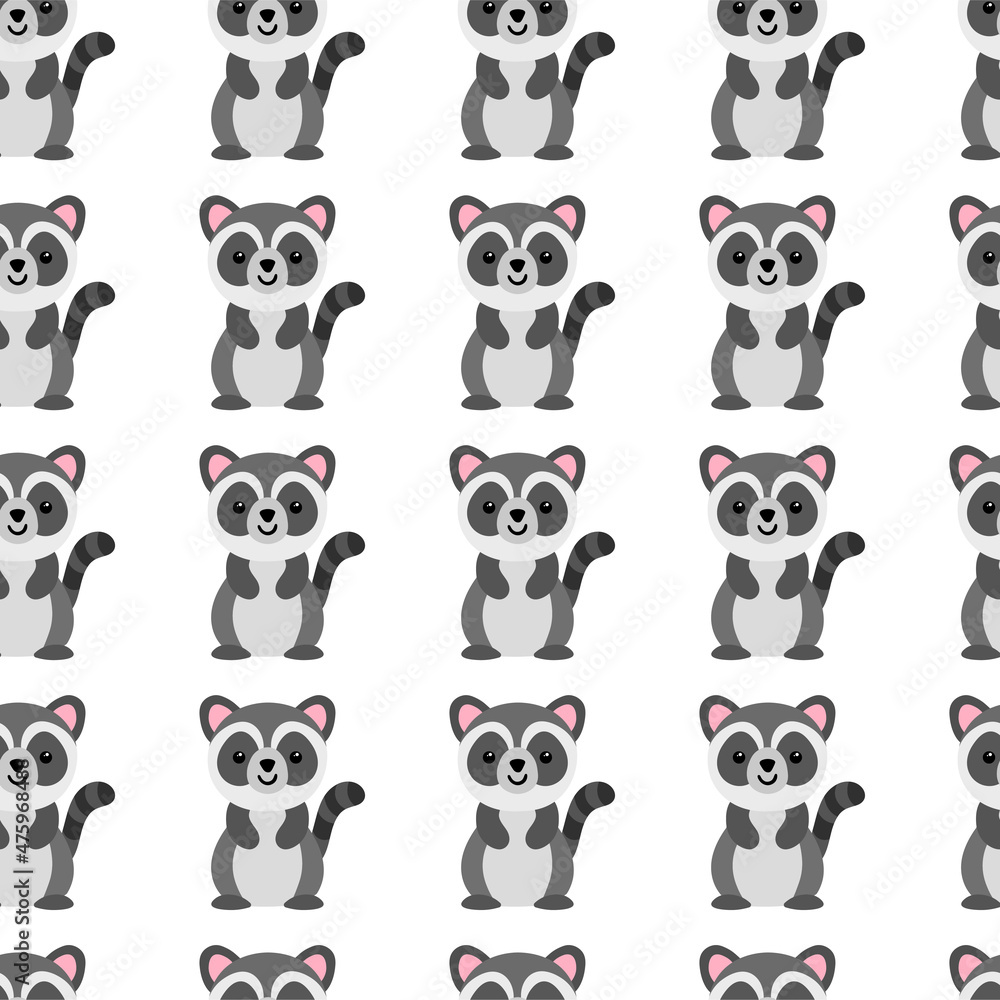 Cute raccoon Pattern. Cartoon animal background for kids, textile, pattern fabric, wallpaper.