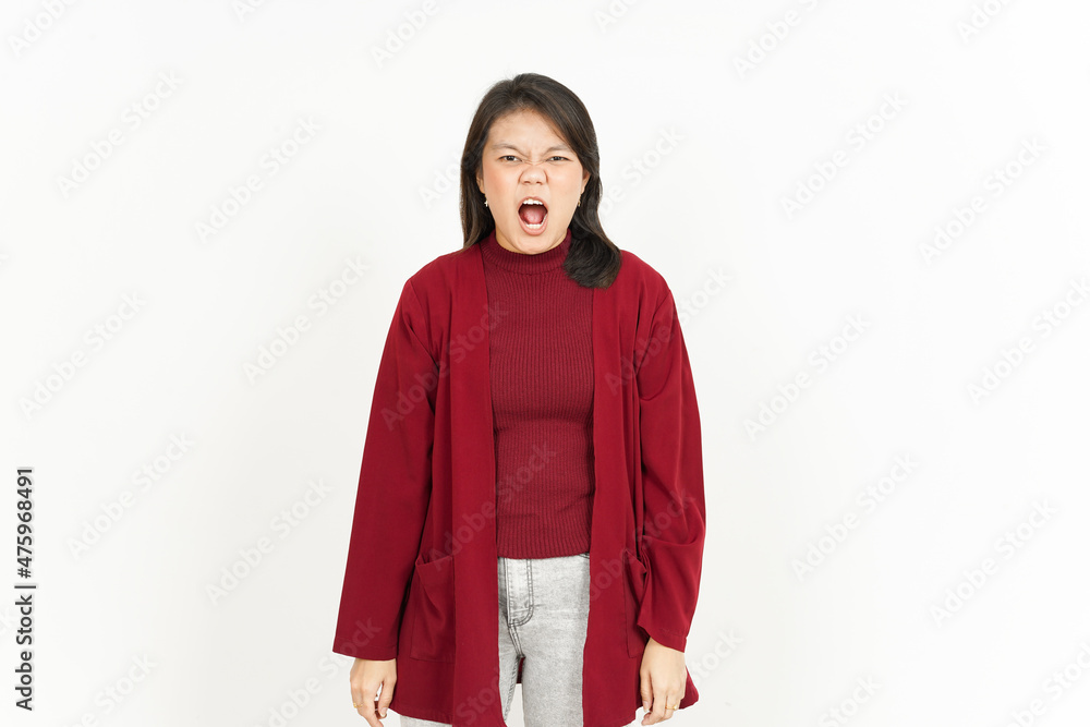 Angry Gesture Of Beautiful Asian Woman Wearing Red Shirt Isolated On White Background Angry Gesture Of Beautiful Asian Woman Wearing Red Shirt Isolated On White Background