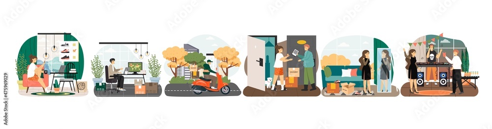Online shopping and parcel delivery scene set, vector illustration. Ecommerce, global shipping, home delivery. Online shopping and parcel delivery scene set, vector illustration. Ecommerce, global shipping, home delivery.