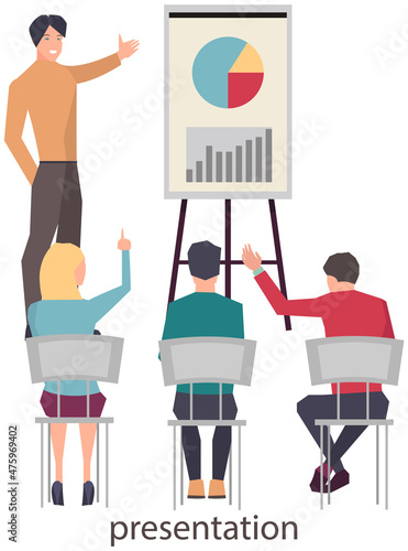 Businessman teacher giving employee people lecture or presentation at board room. Conference hall, flipchart, projector screen. Male boss showing and explaining to his colleagues plan diagram