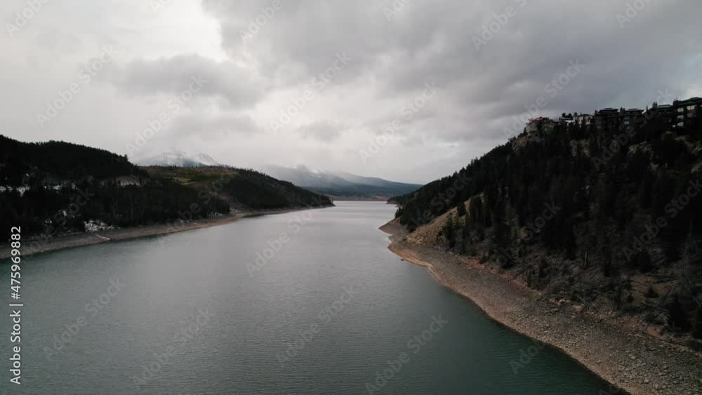 Cloudy Moody Drone Aerial View Of Snake River Arm Near Woodland Hills In Sapphire Point Dillon Reservoir, Colorado.