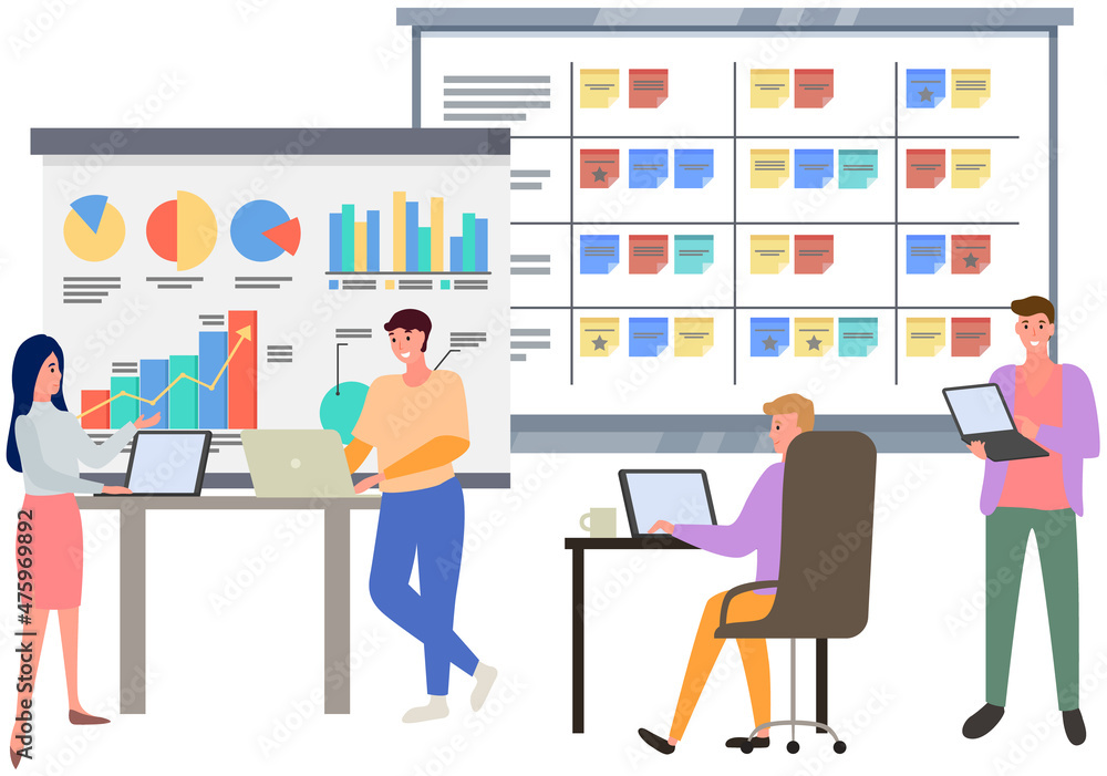 Visualize with business analytics. People work with statistical data analysis, changing indicators. Employees analyze statistical indicators, business data. Characters work with marketing research Visualize with business analytics. People work with statistical data analysis, changing indicators. Employees analyze statistical indicators, business data. Characters work with marketing research