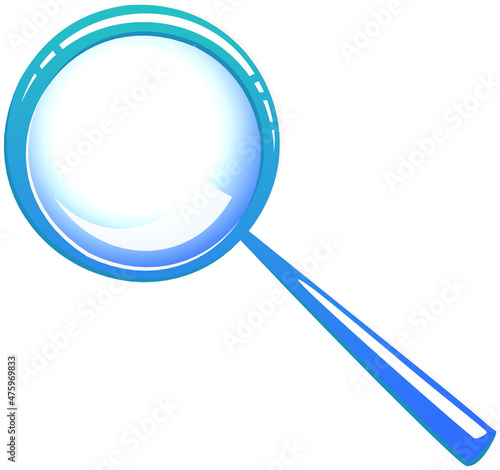 Magnifying glass isolated on white background. Optical device designed to visually enlarge images, objects and small details. Magnifier with long handle and lens. Optical system, magnifying glass