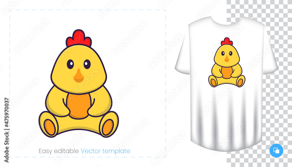 Cute chicken character. Prints on T-shirts, sweatshirts, cases for mobile phones, souvenirs. Isolated vector illustration on white background. Cute chicken character. Prints on T-shirts, sweatshirts, cases for mobile phones, souvenirs. Isolated vector illustration on white background.