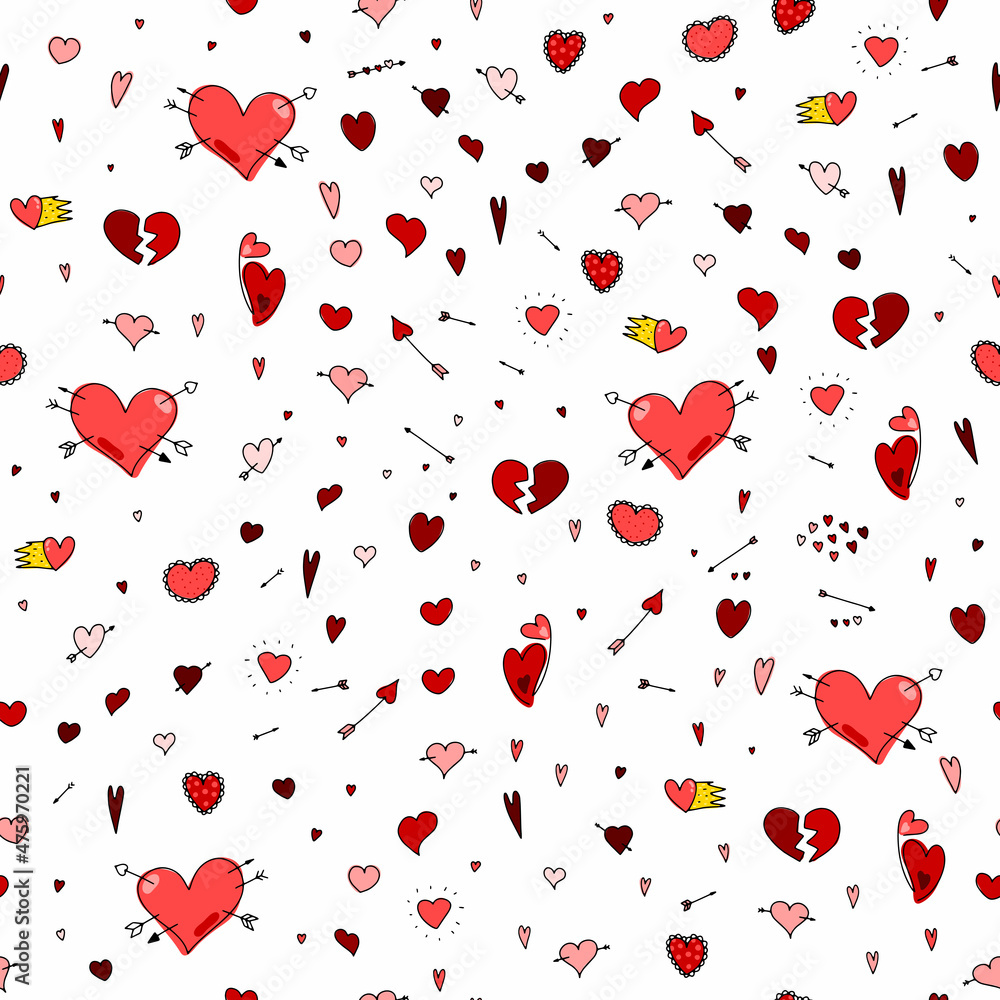 Seamless Doodle Valentines Day pattern. Hand drawn red love symbols on white background. Cute pink different hearts, arrows. February 14, wedding, marry me, date sign. Vector Valentines illustration