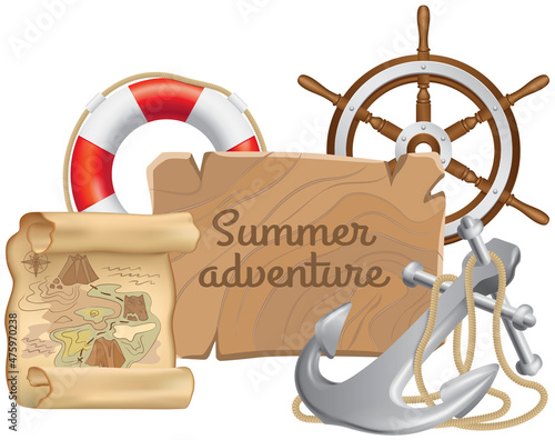 Marine inventory isolated on white background. Lifebuoy, treasure map, anchor and steering wheel for being at sea. Pirate attribute, items for nautical design, marine icons. Summer adventure concept