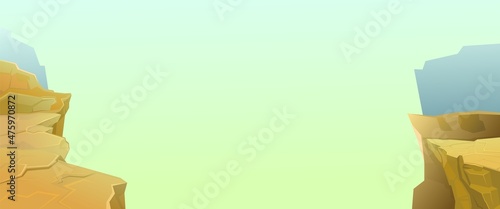 Rocky cliffs. The edge of a bottomless abyss. Mountain fog. Desert natural landscape with stones. Horizontal composition. Illustration in cartoon style flat design. Vector