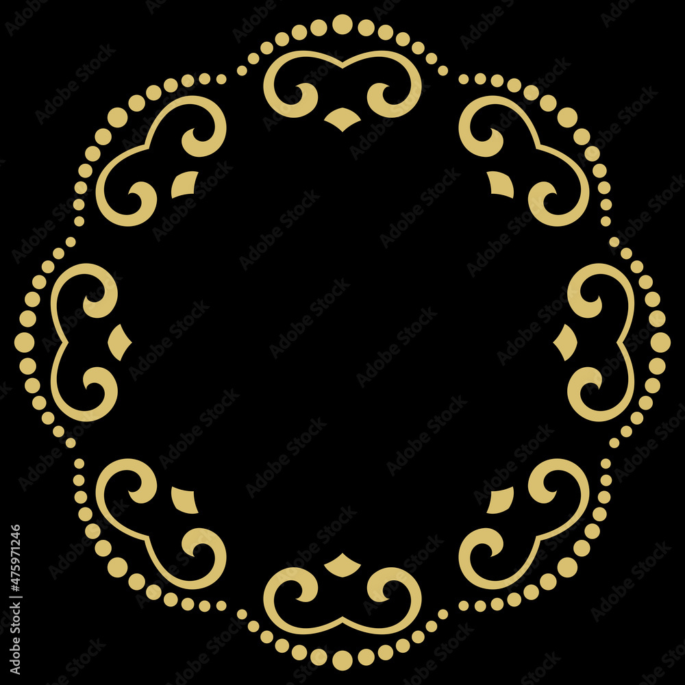 Oriental vector round golden frame with arabesques and floral elements. Floral border with vintage pattern.