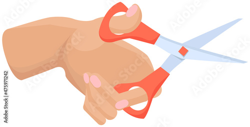 Scissors, tool made of blades and plastic handle isolated on white background. Equipment for creativity, cutting materials. Iron scissors in human hand. Sharp cutting tool, shears, clippers