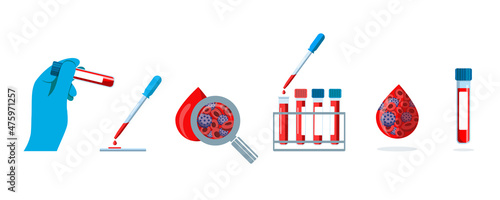 Medical test tubes with blood samples. The patient's blood in pipettes for analysis. Laboratory research concept for biochemistry and viruses. Blood donation. Blood plasma with viruses. Vector set