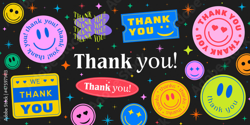 Thank You Abstract Patches Collection. Cool Trendy Smile Happy Stickers Vector Design.