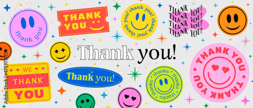 Thank You Abstract Patches Collection. Cool Trendy Smile Happy Stickers Vector Design. photo