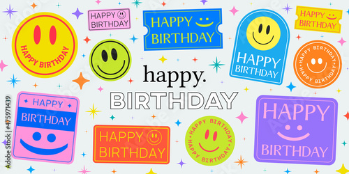 Happy Birthday Stickers Collection Vector Illustration.