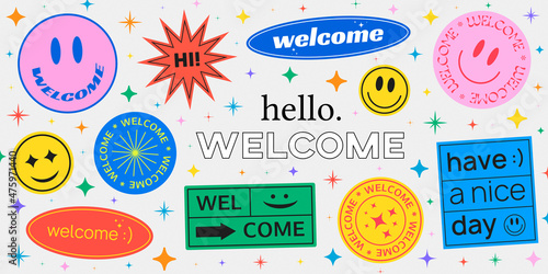 Cool Trendy Smile Happy Stickers Collection. Hello Welcome Hipster Illustration.