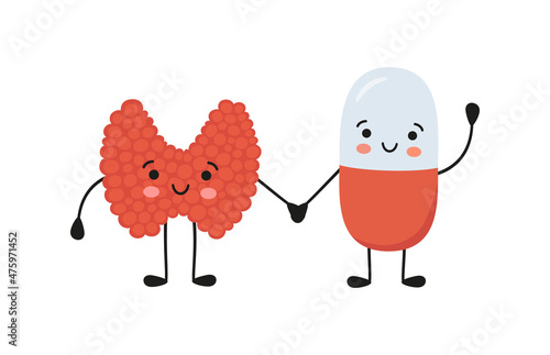 Happy kawaii thyroid gland and happy smiling medicine pill characters. Kawaii medicine capsule and smile thyroid gland. Vector illustration isolated in cartoon style on white background.