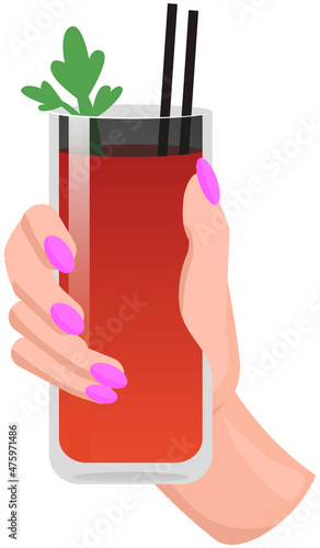 Salty drink, cocktail party glass with parsley. Spicy alcoholic tomato cocktail. Alcohol, beverage from bar in woman hand. Bloody Mary, tomato juice and vodka drink in glass decorated with green
